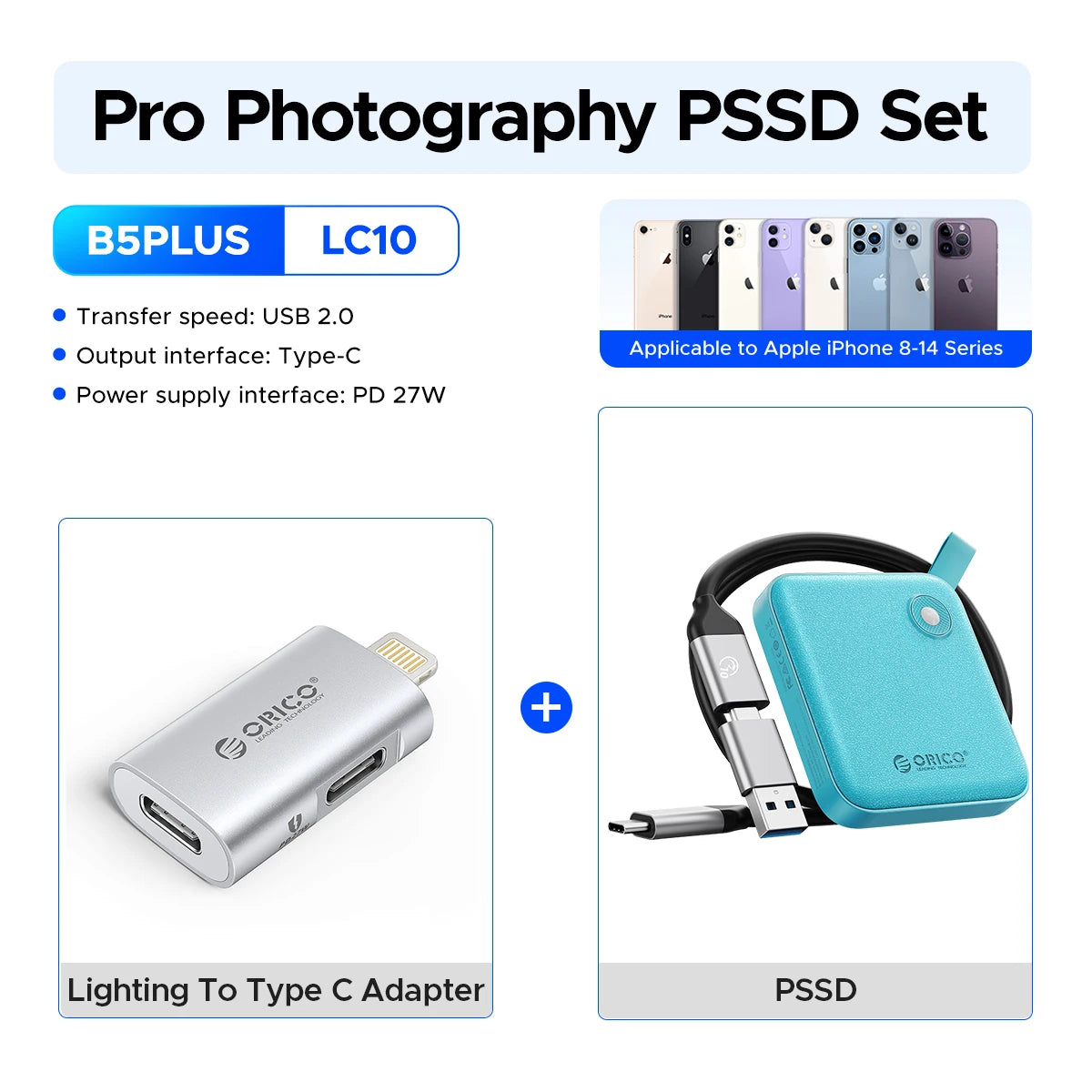 ORICO Tragbare SSD mit 2-in-1-USB-C-Kabel, externen Solid-State-Laufwerke, bis zu 460 MB/s für iPhone 14 13 11 12 X IPad PC