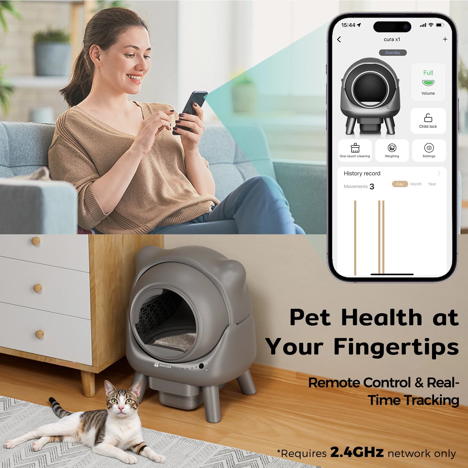 Amicura Cura X1 Automatische Katzentoilette, selbstreinigend, mit App-Steuerung, Sicherheitssensor, leicht zu reinigendes elektrisches Katzentoilett