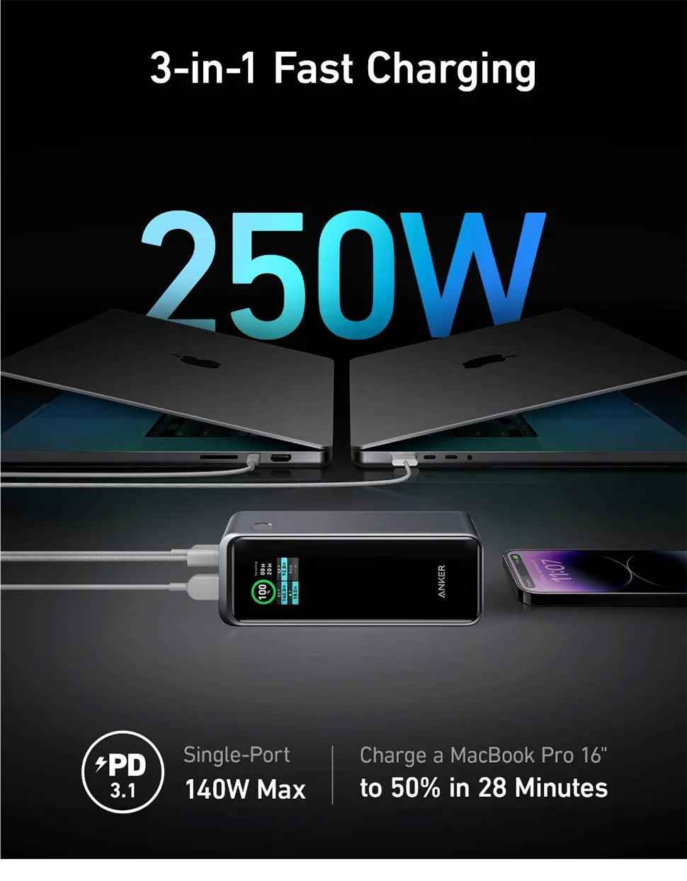 Anker Prime Power Bank, 27,650 mAh 3-Port 250 W tragbares Ladegerät für Reisen, TSA-zugelassen, Smart App, für MacBook Pro/Air