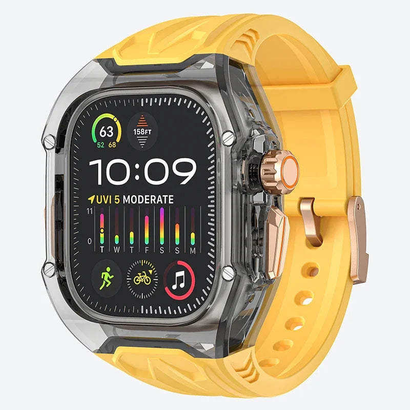 Luxuriöses Modifikations-Mod-Kit für Apple Watch Band-Gehäuse 8 7 45 mm, transparente Lünette, TPU-Armband für IWatch SE 6 5 4 44 mm