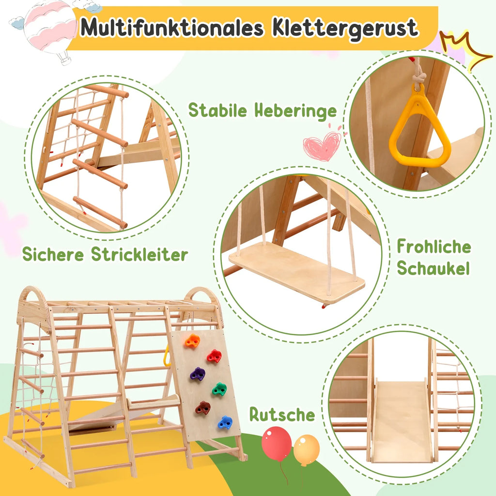 7-in-1 Multifunktionales Klettergerüst aus Holz mit Rutsche und Schaukel, Kletterleiter/Netz/Steinen, Indoor-Spielplatzspielzeug für Kinder ab 3 Jahren