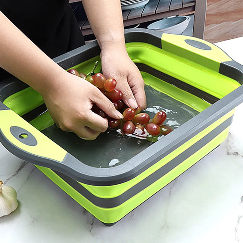 Zusammen klappbares Schneidebrett mit Sieb Multifunktions-Silikon-Falt schneide brett Geschirr wanne Becken Sieb Aufbewahrung skorb