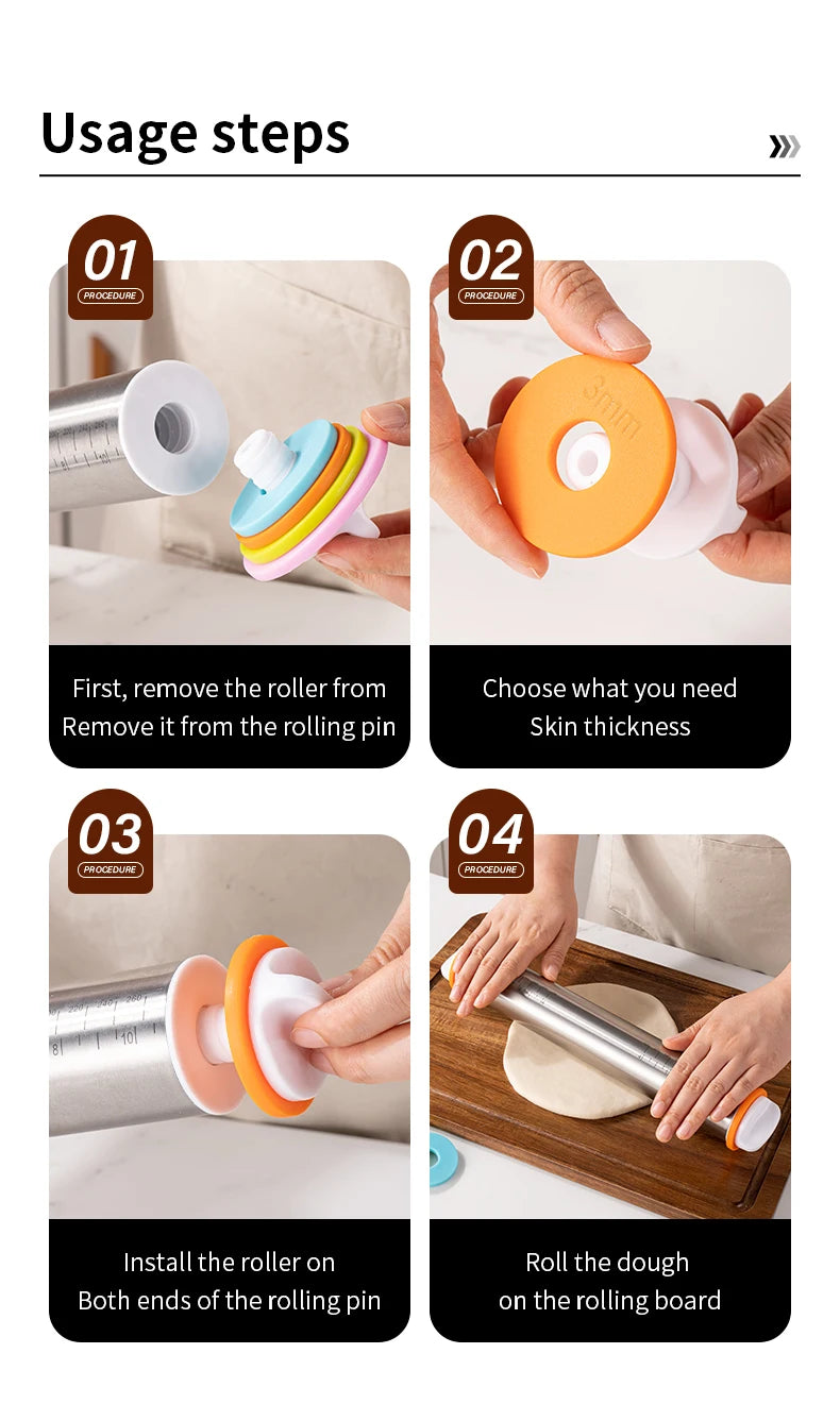 13,78 Zoll verstellbarer Nudelholz aus Edelstahl mit 4 abnehmbaren Ringen, Teigroller für Pizza-Keks-Backwerkzeuge