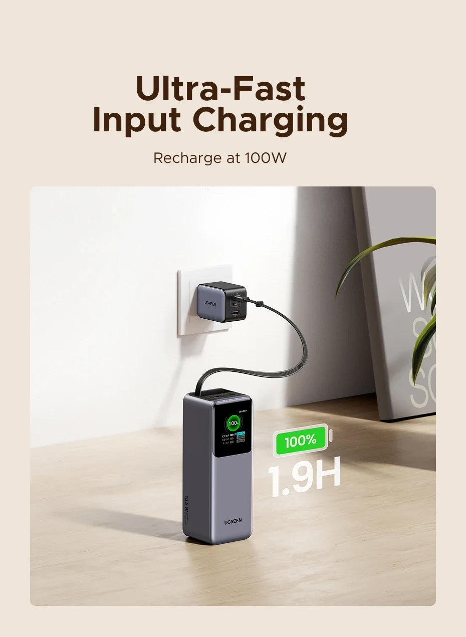 UGREEN Nexode 165W Power Bank 20000mAh Chargeur Portable 100W Max PD3.0 Batterie Externe Câble Intégré pour Ordinateur Portable Téléphone Portable