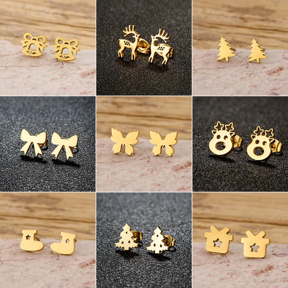 Shuangshuo 1 Paar Ohrstecker mit Schleife, Weihnachtsbaum, Elch, Jingle Bell, für Damen, Edelstahl, Ohrringe, Schmuck, 2025, Weihnachtsgeschenk