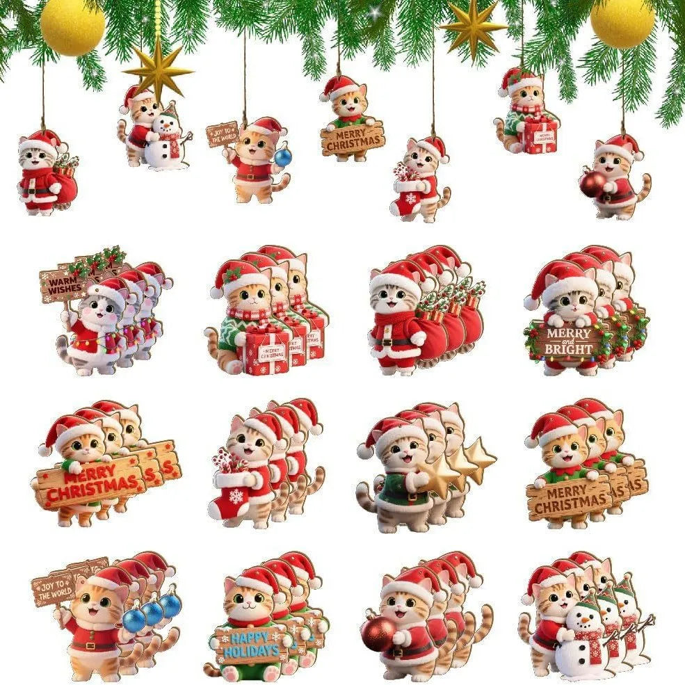 2D Flache 12 Stück Weihnachts-Holzanhänger Kreative süße Katze Mottoparty-Dekorationen Weihnachtsbaum-Anhänger Festliche Lieferungen