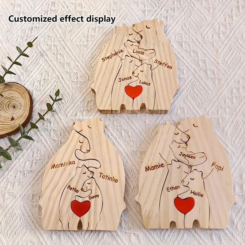 Kunst-Holzbär-Familienpuzzle, personalisierter Name, individuelle Heimdekoration, Thanksgiving, Weihnachten, Herzwärmungsgeschenk für Babymutter