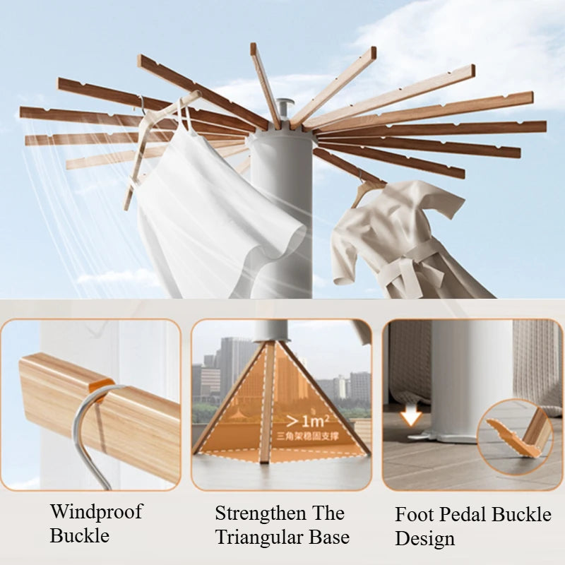 Zusammenklappbarer, drehbarer Wäscheständer, verstellbar um 360° °   Spin platzsparendes kompaktes Stativ mit Holzarmmen für die Organisation zu Hause