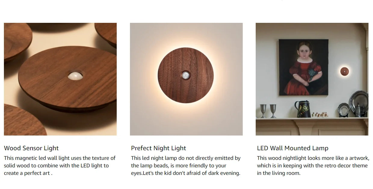 Bewegungssensor Nachtlicht aus Holz, USB wiederaufladbar, Stick-On-Stufen leuchten, magnetische Wandleuchten