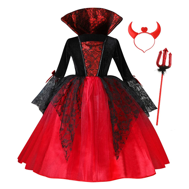 Halloween Kostüm Mädchen – Vampir-Teufel-Prinzessin, Schwarz-Rotes Tüllkleid mit Zubehör