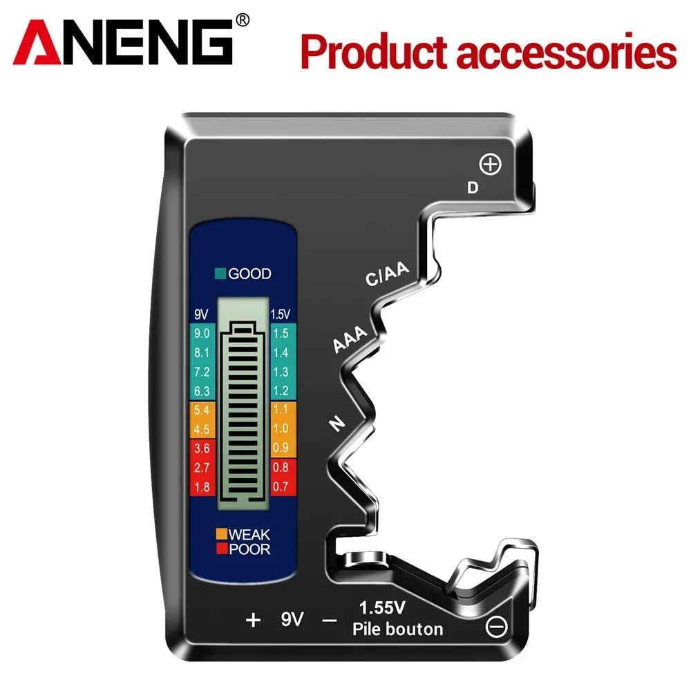 ANENG BT1688 Digitaler Batterietester – LCD, AA/AAA/C/D/9V/Knopfzelle, 3-Farben-Anzeige | CE | Schwarz, Silber & Grau