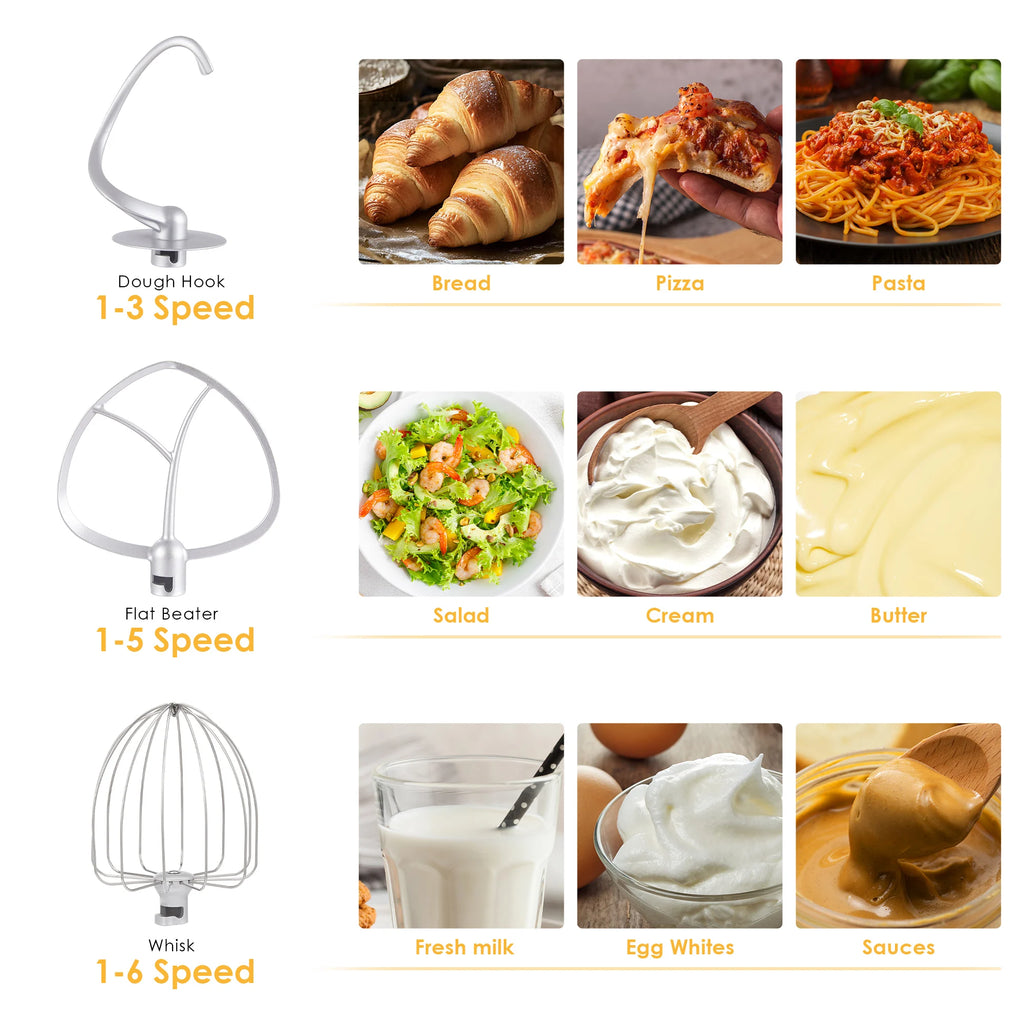 BioloMix Küchen-Lebensmittel-Standmixer, Mixer, leiser Motor, Sahne-Ei-Schneebesen, Peitsche, Teigkneter, 6 Geschwindigkeiten, 1200 W, 6 l, DC