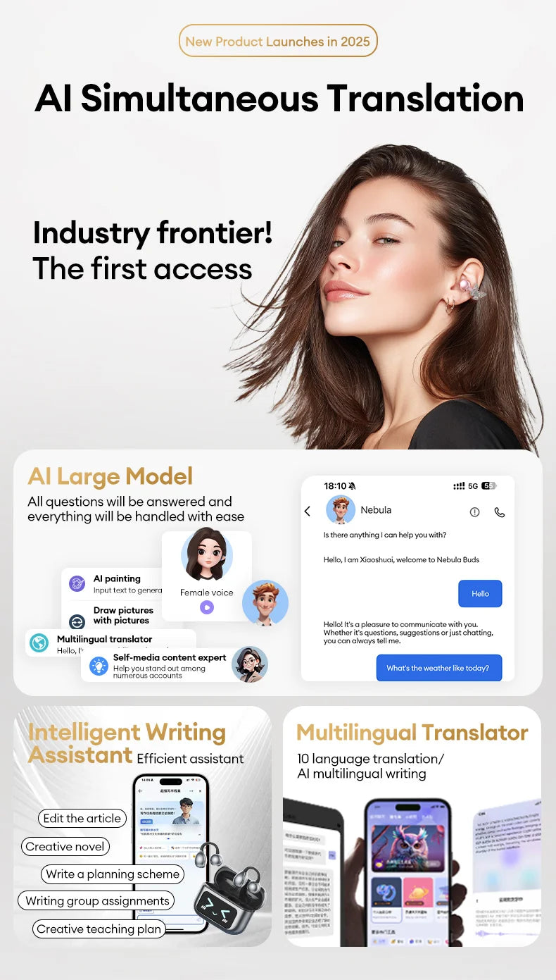 AI-Übersetzungskopfhörer AOC Ohrclip-Ohrhörer OWS Bluetooth Smart LCD-Bildschirm-Touch-Kopfhörer Gaming Wireless Sport Headset 3521