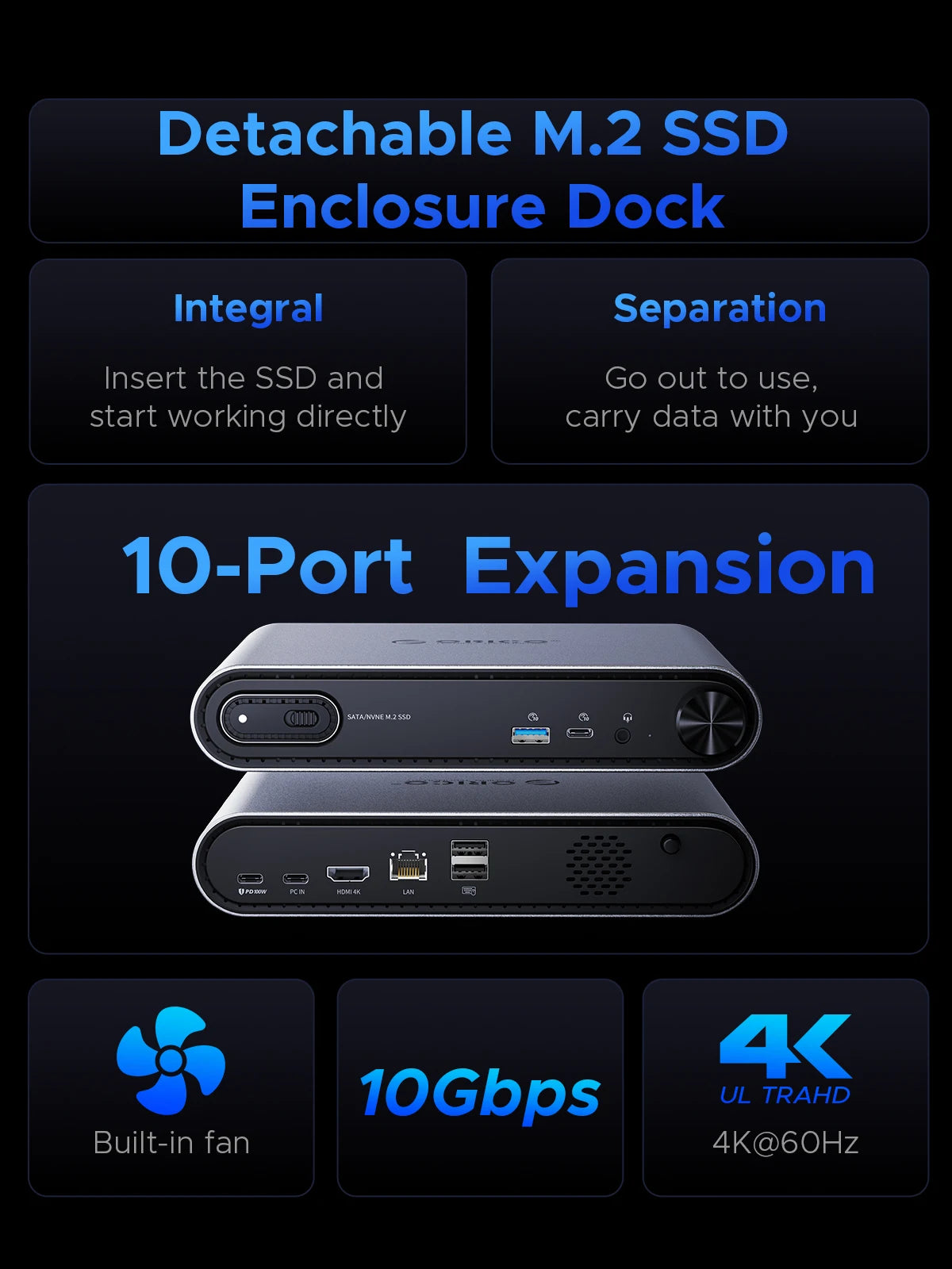 ORICO 10-in-1-USB-C-Dockingstation mit M.2-SSD-Gehäuse PD100W-Lade-Ethernet 4K60 Hz HDMI-Com 3,5-mm-Audiovolumeregler