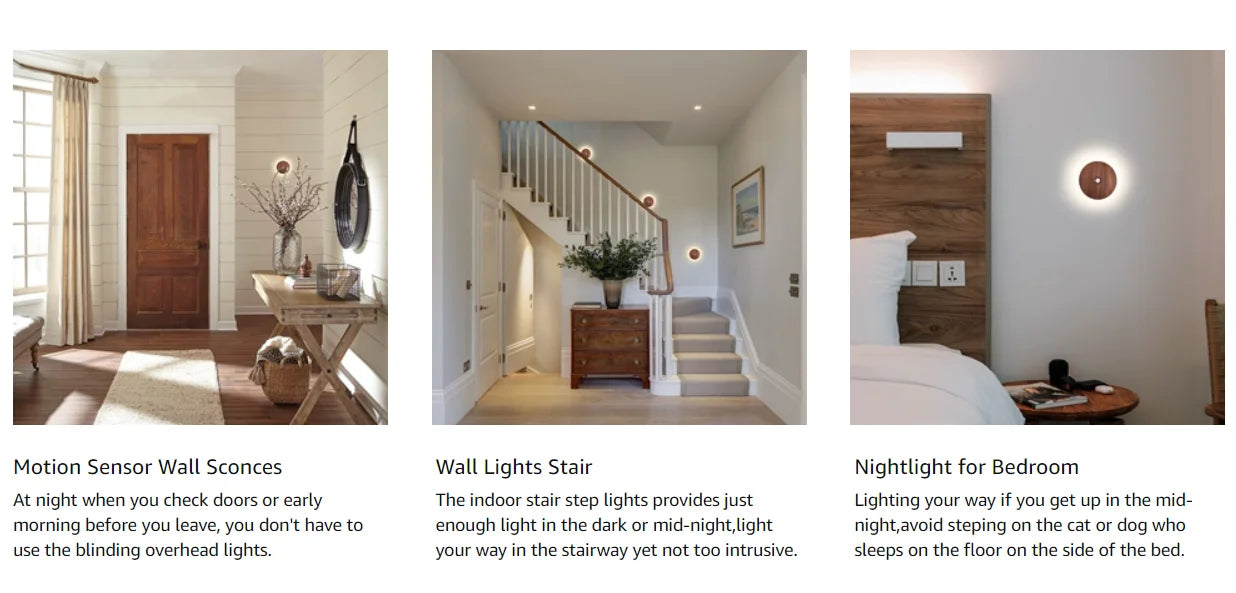 Bewegungssensor Nachtlicht aus Holz, USB wiederaufladbar, Stick-On-Stufen leuchten, magnetische Wandleuchten