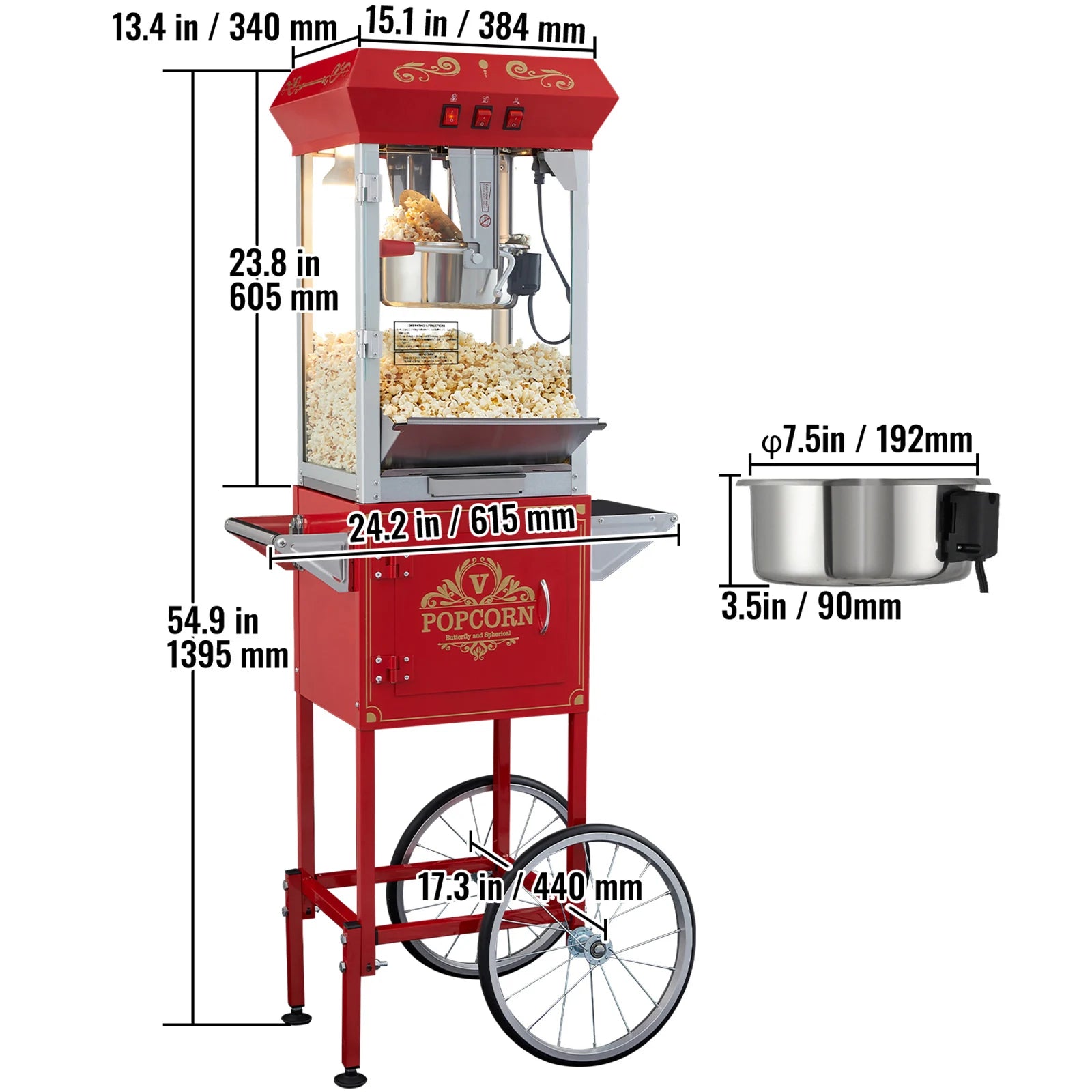 VEVOR Popcornmaschine mit Wagen, 850 W, 8 oz (ca. 227 g), 48 Tassen, Rot