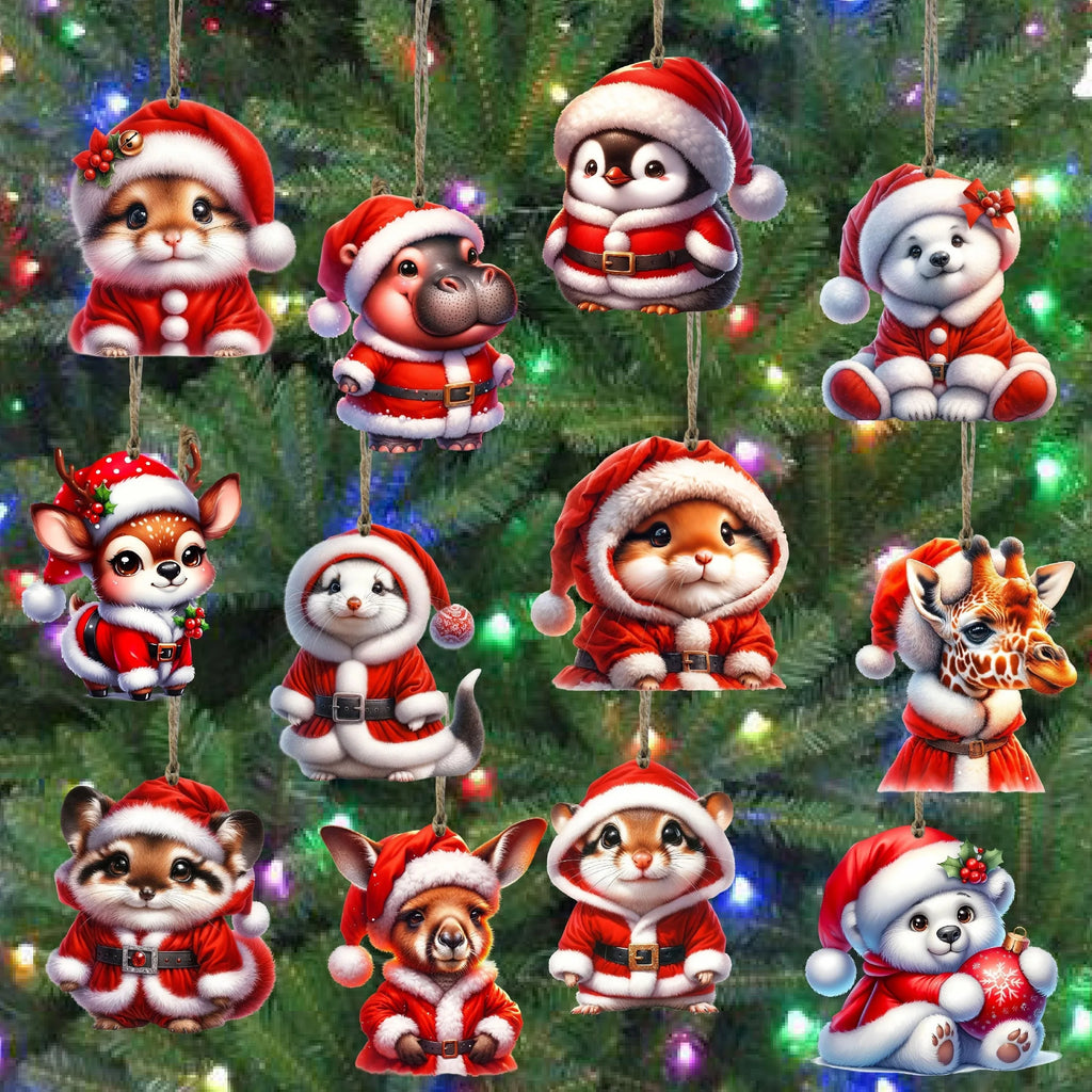 12 Stück Weihnachtsschmuck aus Holz, handgefertigte Weihnachtsmann-Tierbaumschmuck, hängende Charms für Weihnachtsferien