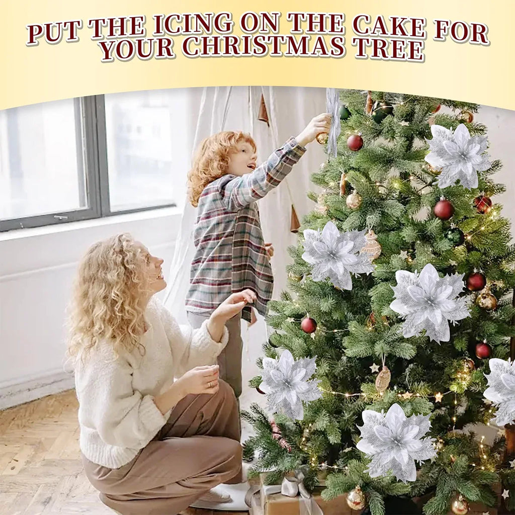 Weihnachts-Glitzerblumen, künstliche Blumen, Weihnachtsbaumschmuck für Zuhause, 2025, Baum-Anhänger, Ornamente, Navidad, Neujahr 2026, Geschenk