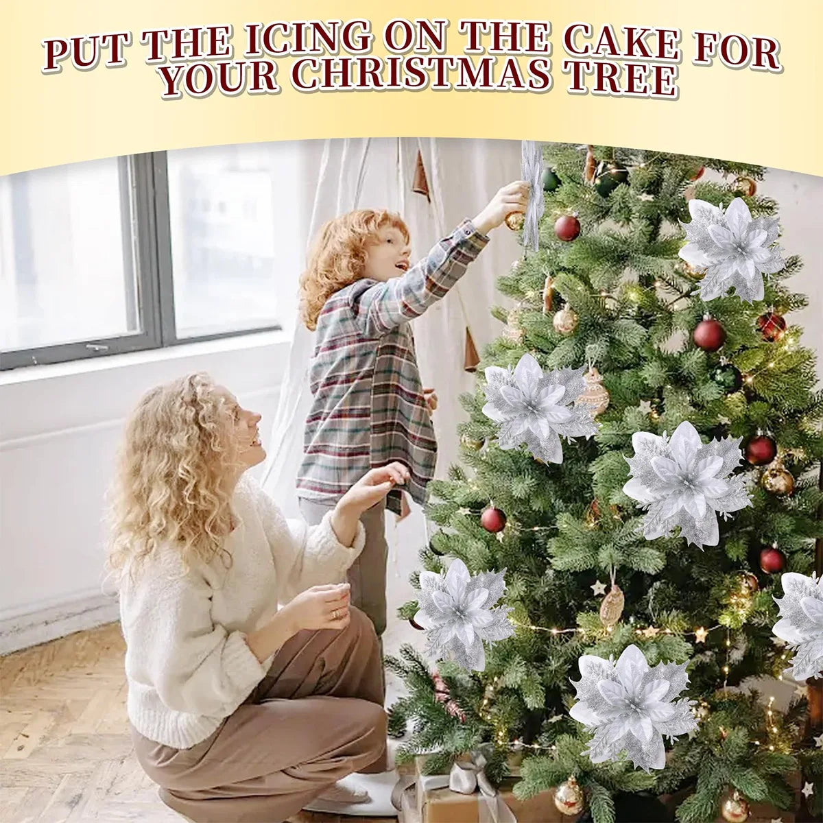 Weihnachts-Glitzerblumen, künstliche Blumen, Weihnachtsbaumschmuck für Zuhause, 2025, Baum-Anhänger, Ornamente, Navidad, Neujahr 2026, Geschenk