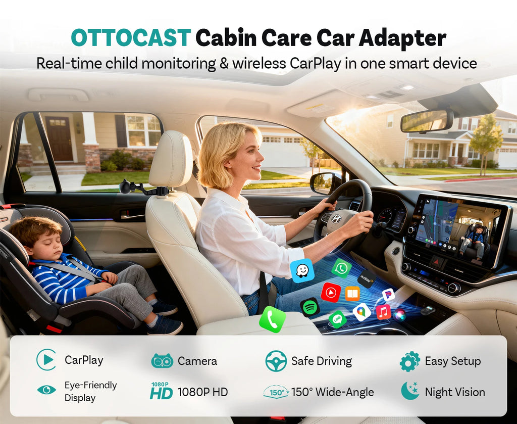 OTTOCAST Cabin Care, Drahtloser CarPlay-Adapter Babykamera 1080P HD 150°