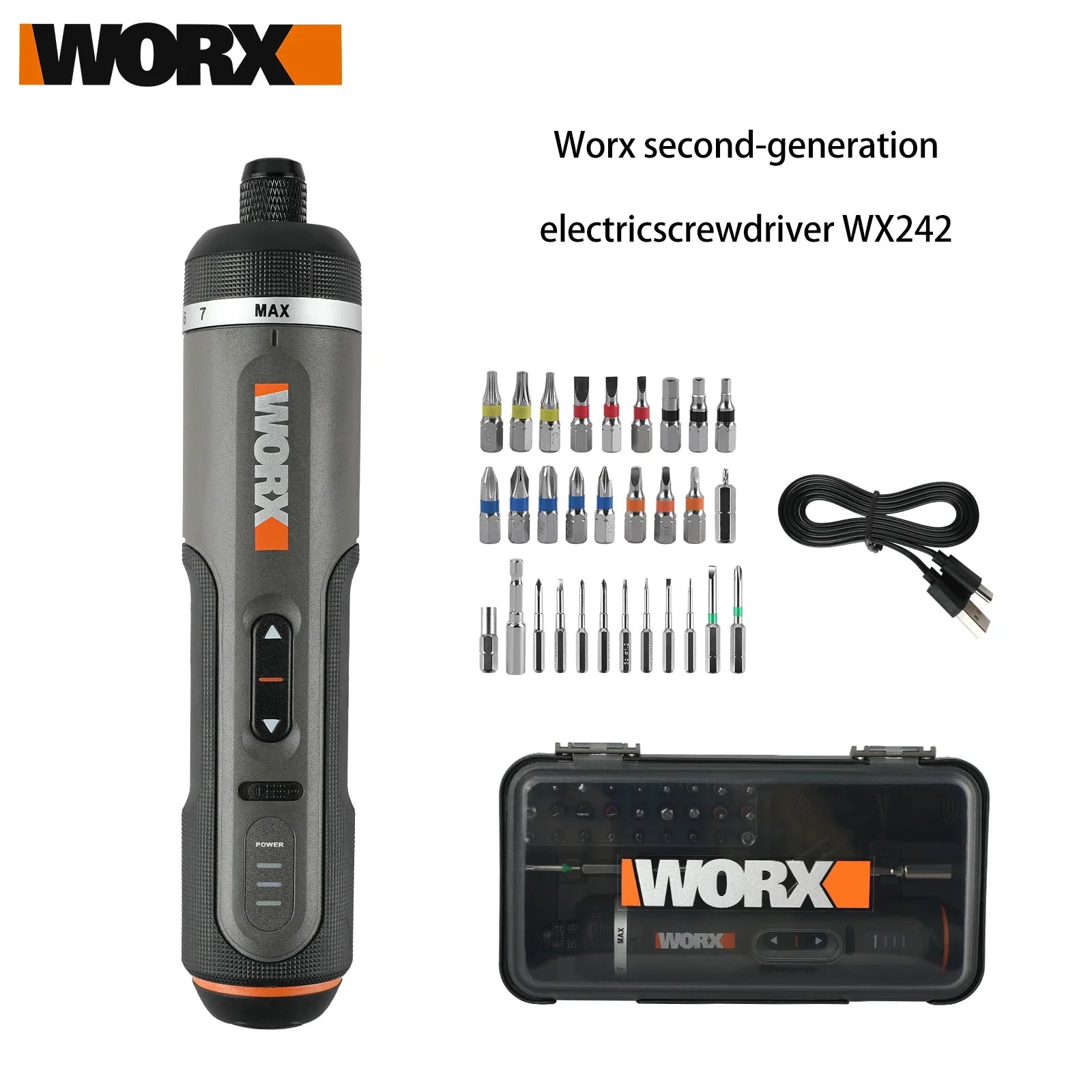 Worx WX242 Elektroschrauber-Set, intelligenter Akku-Bohrschrauber, Schraubendreher, USB-Ladegriff, 30-teiliges Set, Elektroschrauber