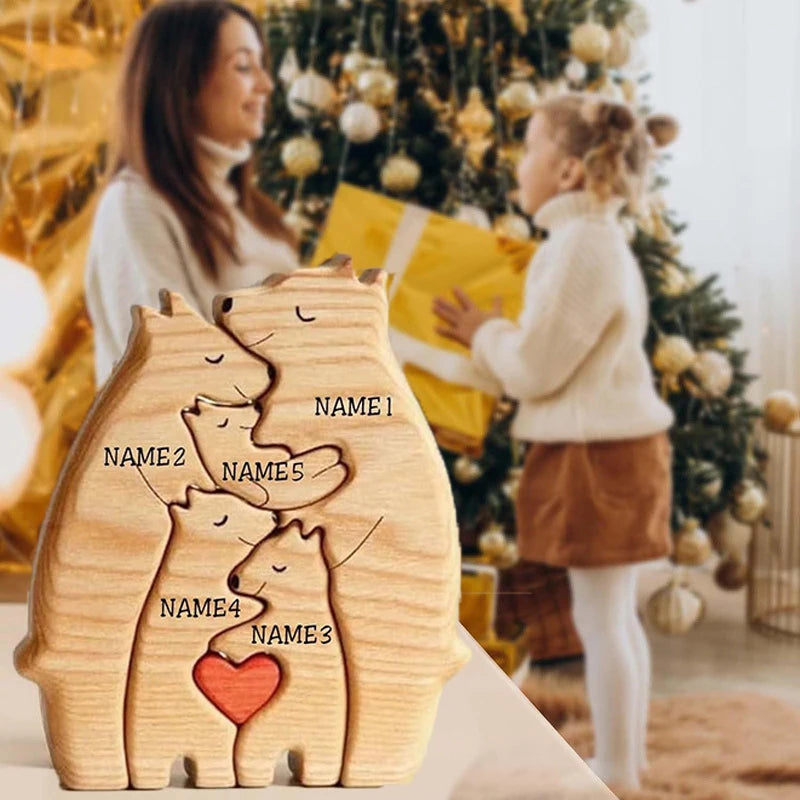 Kunst-Holzbär-Familienpuzzle, personalisierter Name, individuelle Heimdekoration, Thanksgiving, Weihnachten, Herzwärmungsgeschenk für Babymutter