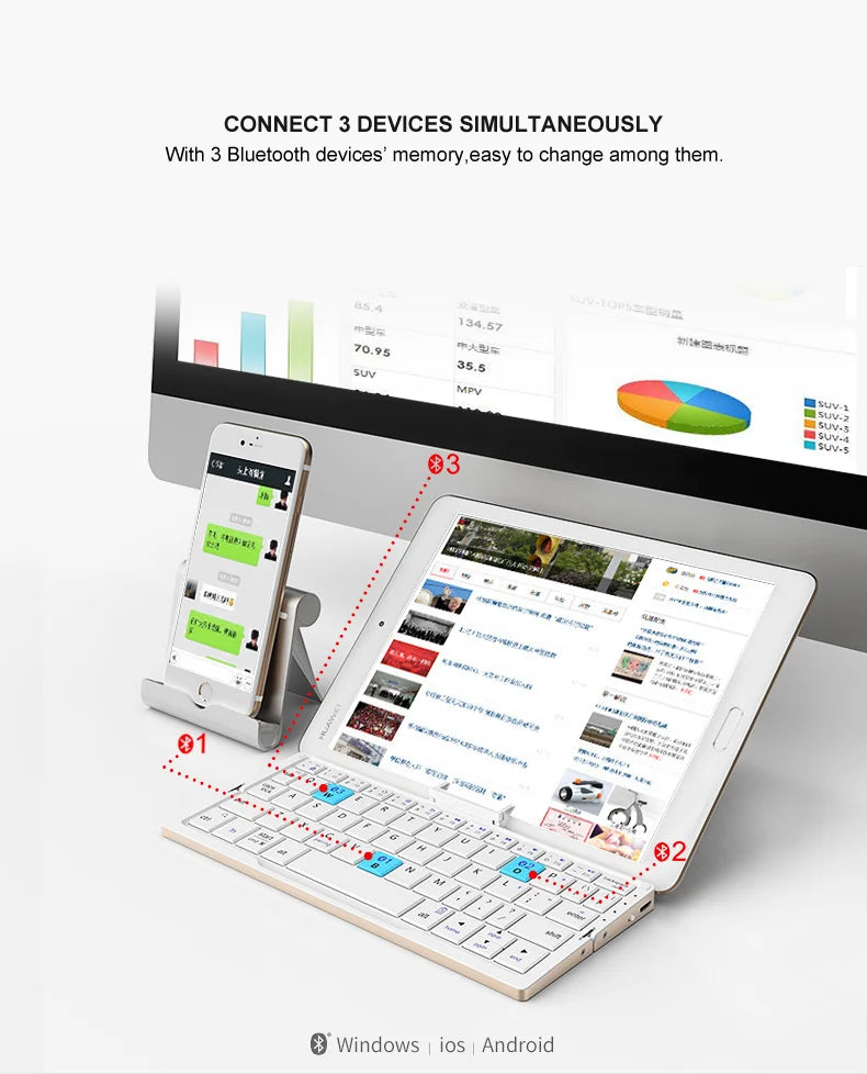 BOW Mini-Klapp-Bluetooth-Tastatur, kabellose Tastatur, unterstützt 3 Geräte mit Ständer, wiederaufladbare faltbare Tastatur für Telefon, Tablet