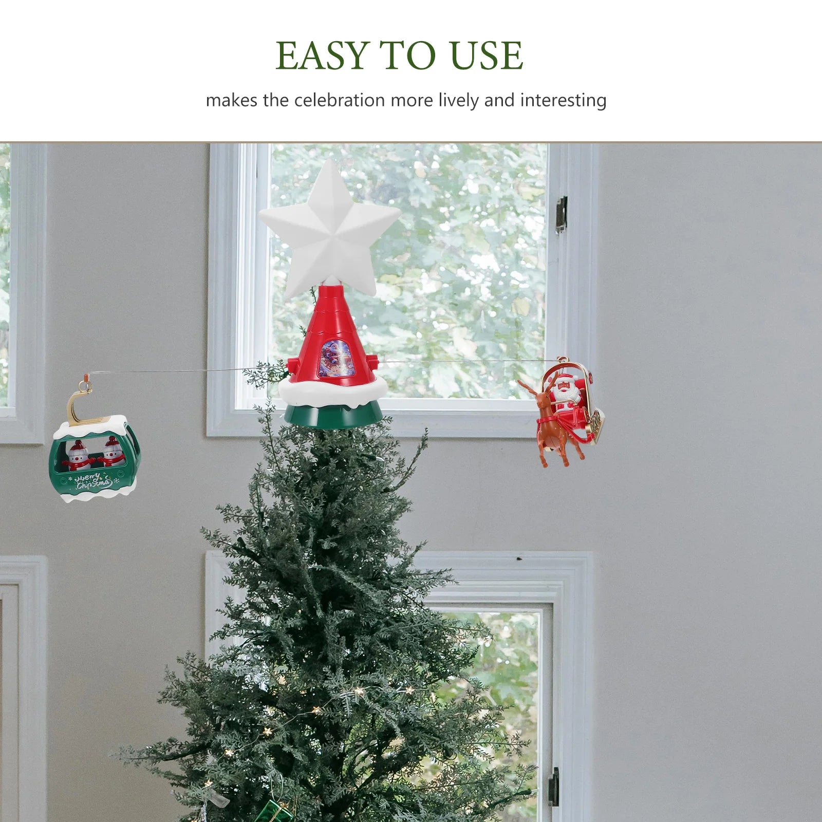 Rotierender Weihnachtsbaumspitze, musikalischer, leuchtender Weihnachtsbaumstern mit Weihnachtsmann-Rentierschlitten und beleuchtetem Sternenoberteil für Schneemänner