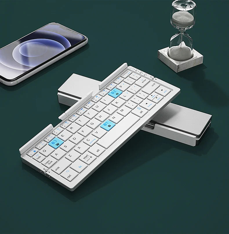 BOW Mini-Klapp-Bluetooth-Tastatur, kabellose Tastatur, unterstützt 3 Geräte mit Ständer, wiederaufladbare faltbare Tastatur für Telefon, Tablet