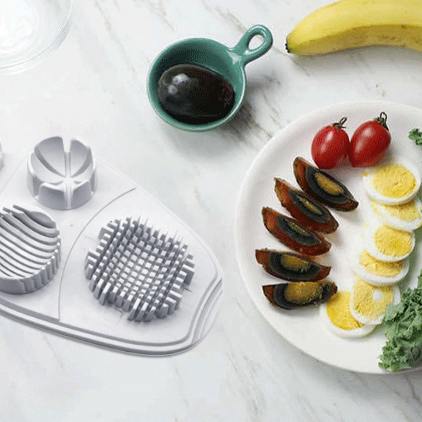 Eierschneider, 3-Wege-Schneider für gekochte Eier, Edelstahldraht, Multifunktions-Küchenmaschine, Küchenzerkleinerer, Werkzeug mit Behälter