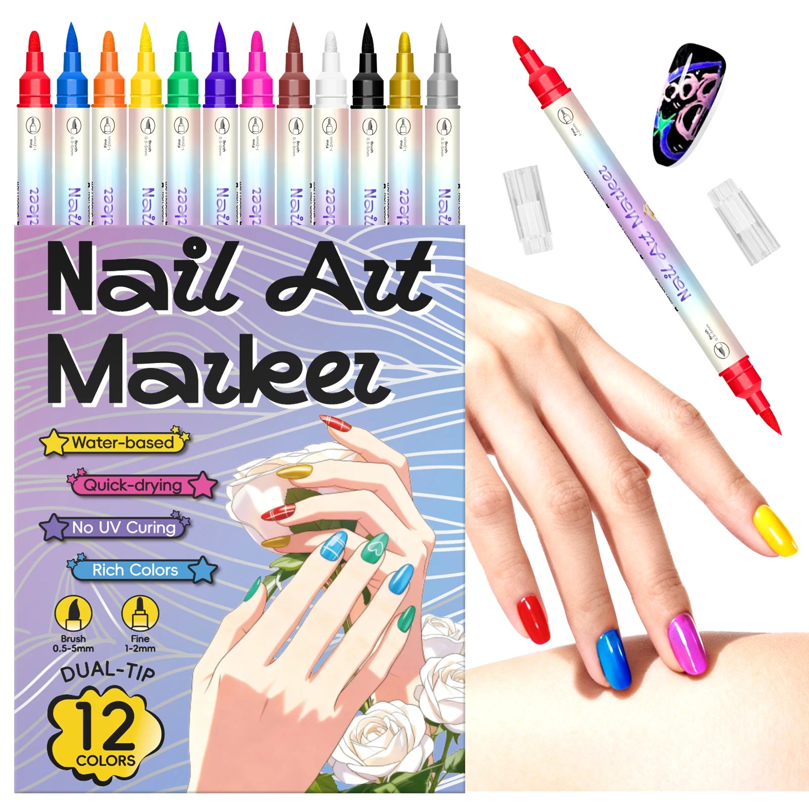 Flysea 3D Nail Art Pens – Doppelkopf, Acryl, schnelltrocknend, 12 oder 24 Farben
