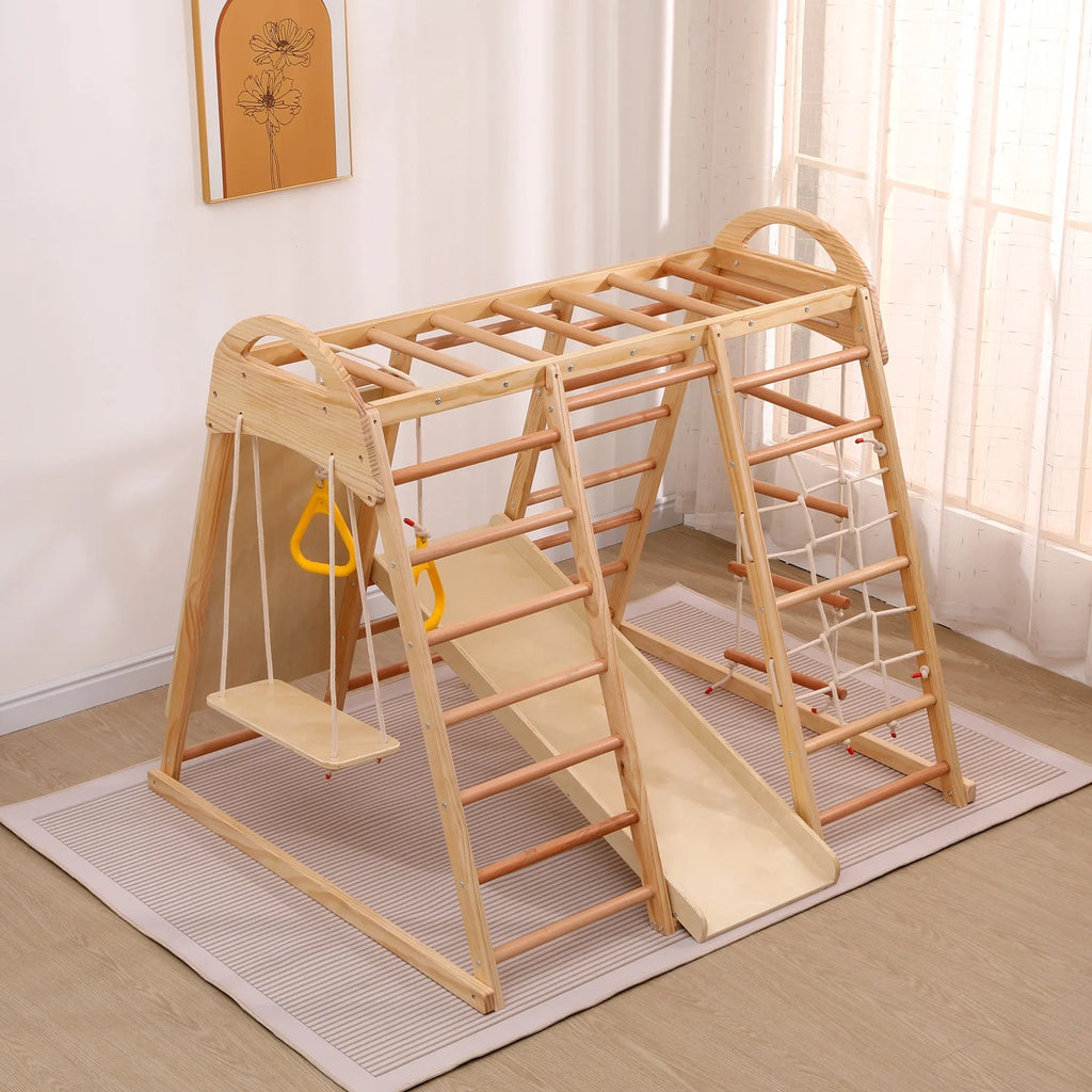 7-in-1 Multifunktionales Klettergerüst aus Holz mit Rutsche und Schaukel, Kletterleiter/Netz/Steinen, Indoor-Spielplatzspielzeug für Kinder ab 3 Jahren