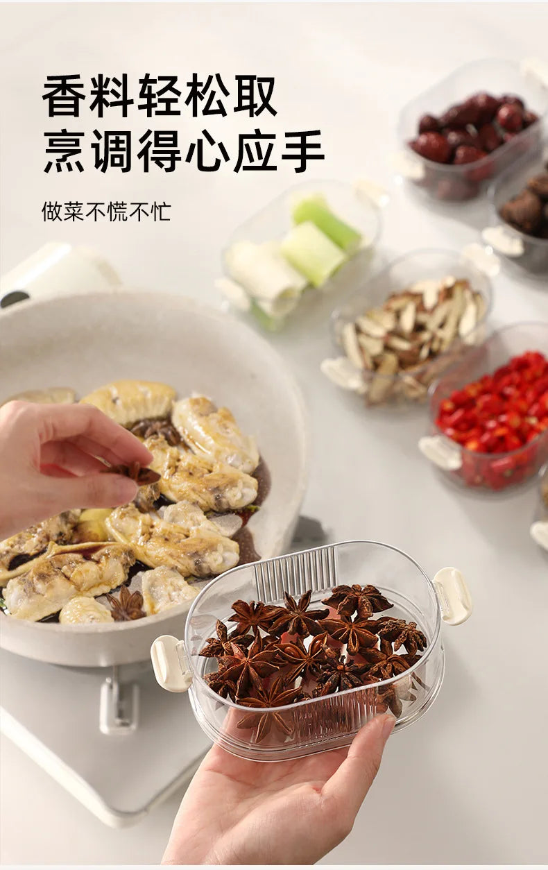 Mehrschichtige Gewürz-Aufbewahrungsbox, tragbar, kleine All-In-One-Zange, Küche, transparente Gewürze, Bohnen, Nüsse, Körner, Vorratsgläser
