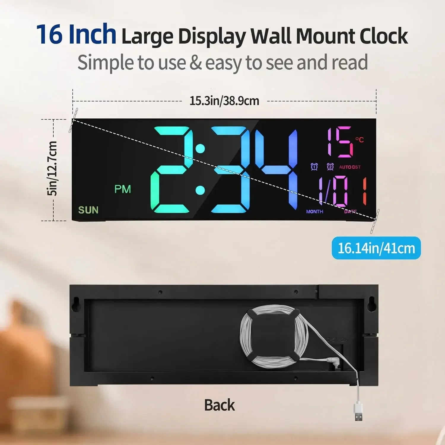 Große digitale Wanduhr mit Fernbedienung, Doppelalarm, großem LED-Display, 8 RGB-Farben