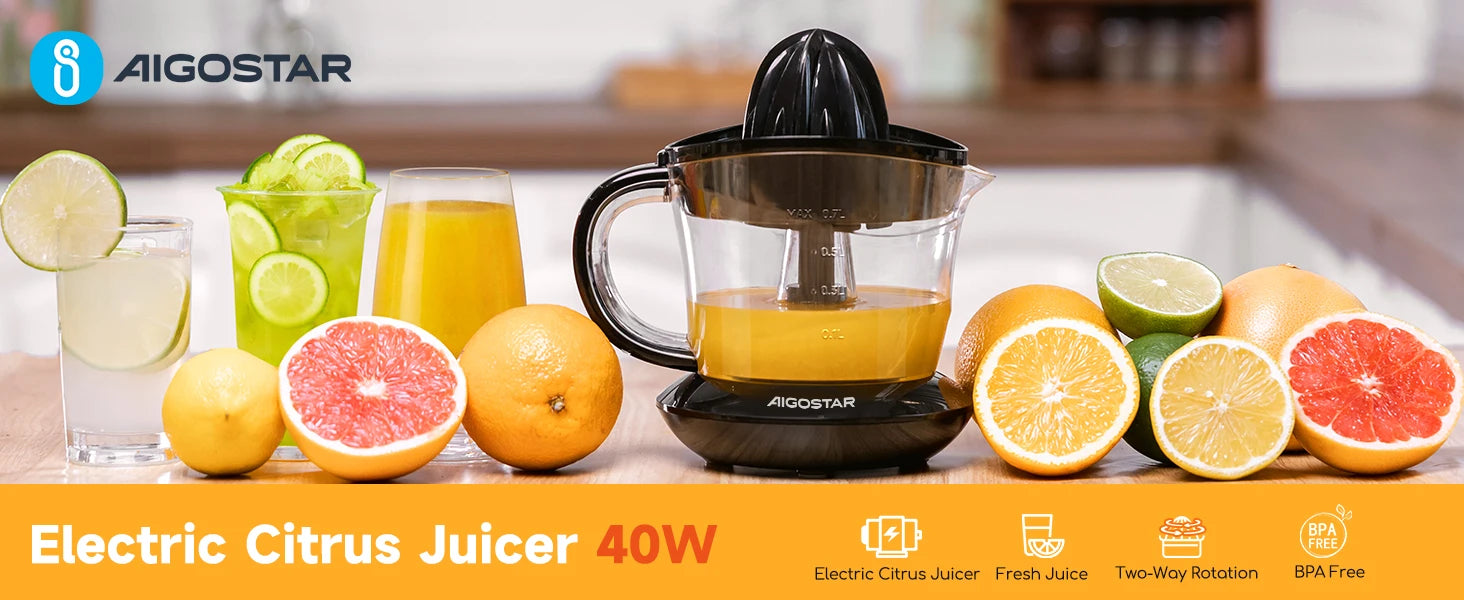 Aigostar elektrische Zitrus presse 40 Watt 700 ml, Zitrus presse mit Tropf auslauf, 2 austauschbare Zapfen. Bpa frei