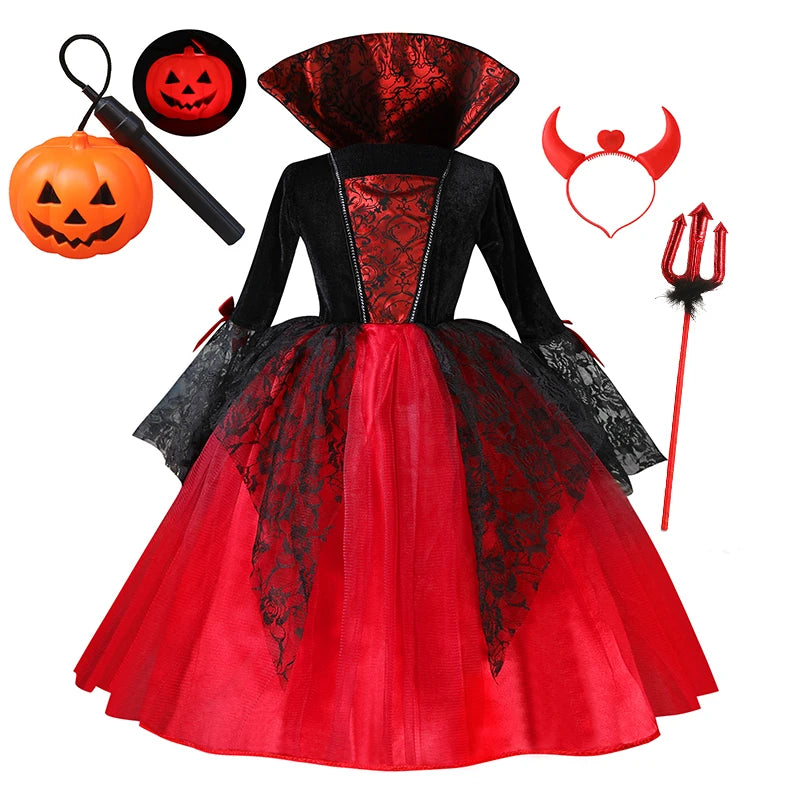 Halloween Kostüm Mädchen – Vampir-Teufel-Prinzessin, Schwarz-Rotes Tüllkleid mit Zubehör