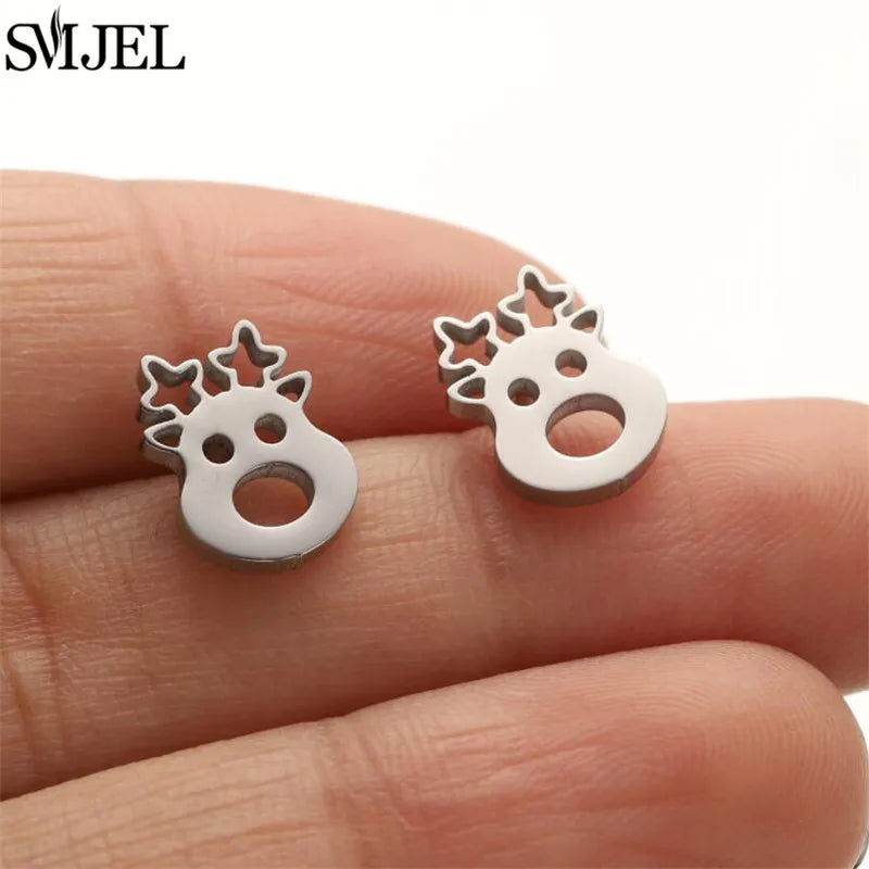 SMJEL Niedliche Tier-Hirsch-Ohrstecker, kleine Lebkuchenmann-Schneeflocken-Ohrringe für Mädchen, Edelstahl, Weihnachtsschmuck, Brincos