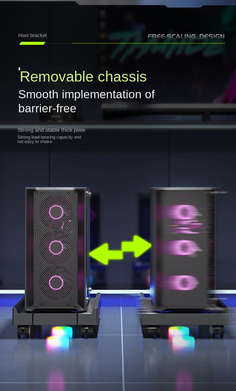 Mobiler PC-Turmständer, verstellbarer Computer-CPU-Halter, Teleskop-Desktop-Ständer, CPU-Wagen mit RGB-Lüfter, Wärmeableitung