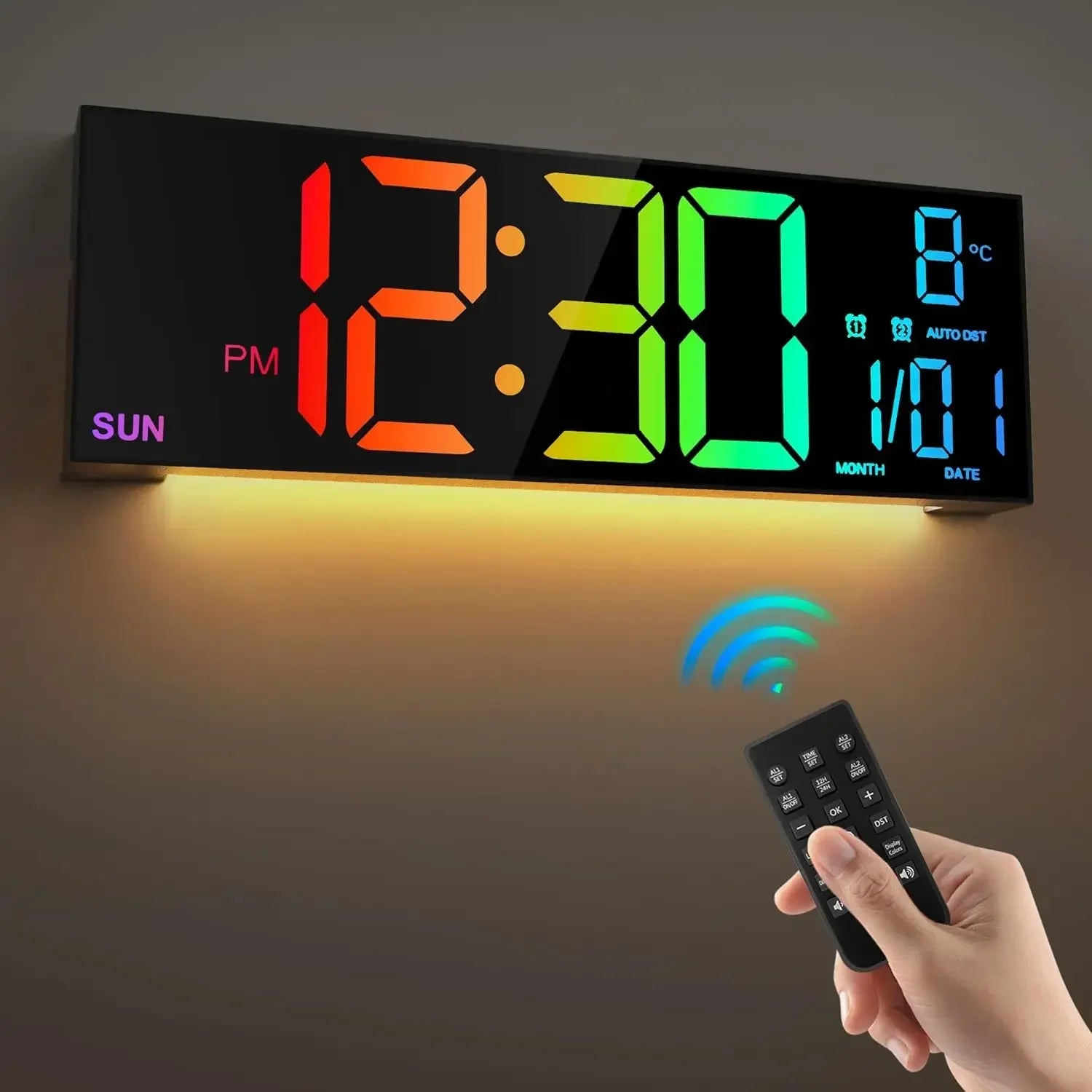 Große digitale Wanduhr mit Fernbedienung, Doppelalarm, großem LED-Display, 8 RGB-Farben