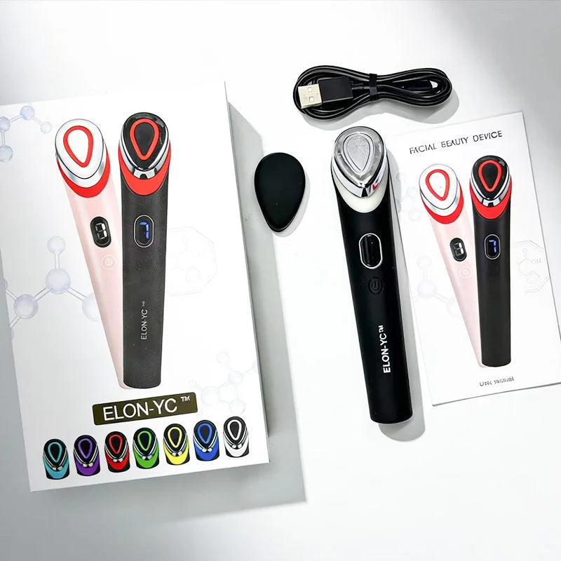 7-in-1 Gesichts-Schönheitsgerät – 7 Lichttherapie-Modi, Vibrationsmassage, USB-C | CE | Anti-Aging & Hautpflege | Rosa & Schwarz