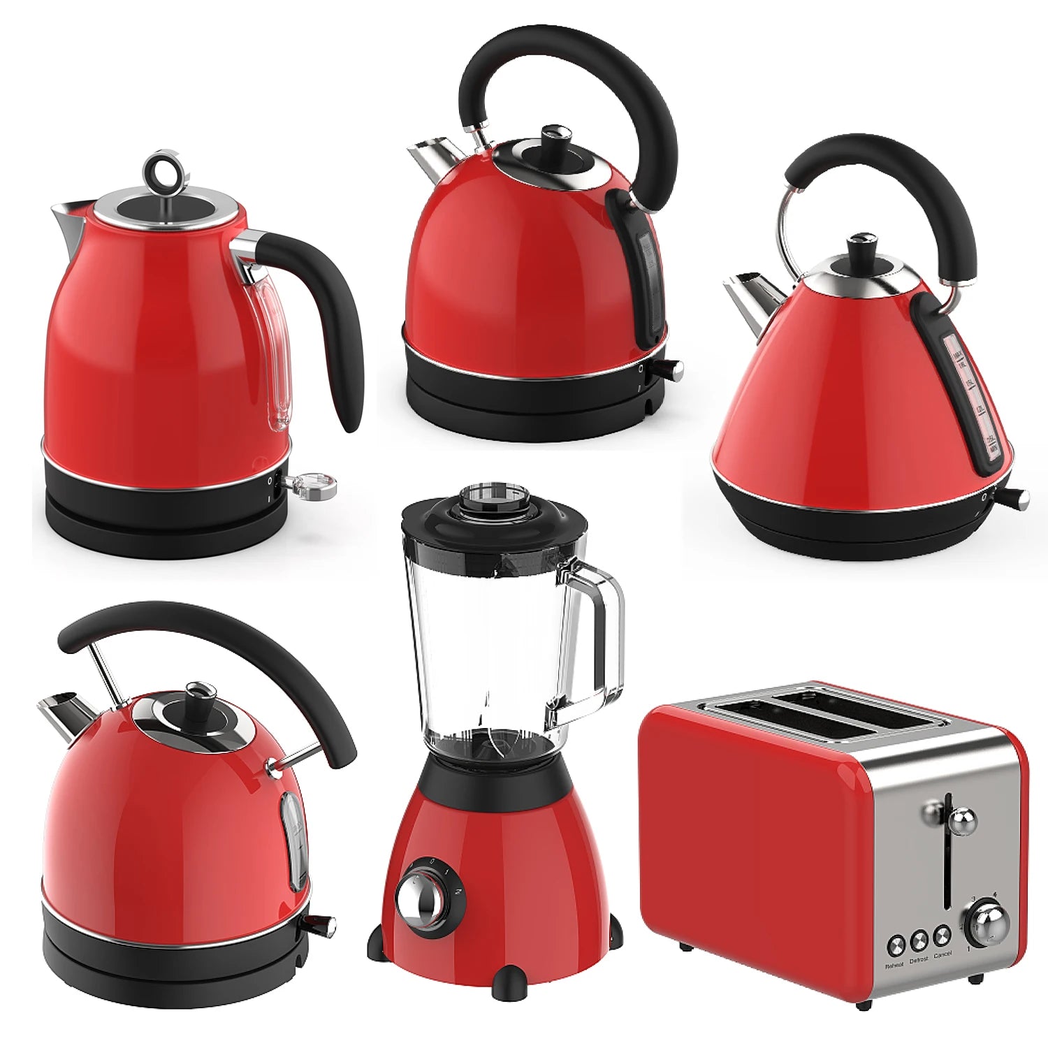 Retro-Frühstücksset, Geräte, 4-Scheiben-Toaster, elektrischer Wasserkocher und Toaster-Set, Saftmixer