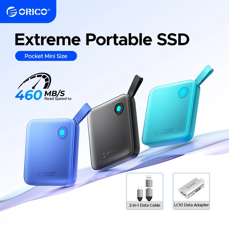 ORICO Tragbare SSD mit 2-in-1-USB-C-Kabel, externen Solid-State-Laufwerke, bis zu 460 MB/s für iPhone 14 13 11 12 X IPad PC