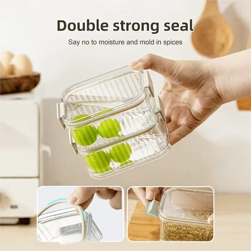 Mehrschichtige Gewürz-Aufbewahrungsbox, tragbar, kleine All-In-One-Zange, Küche, transparente Gewürze, Bohnen, Nüsse, Körner, Vorratsgläser