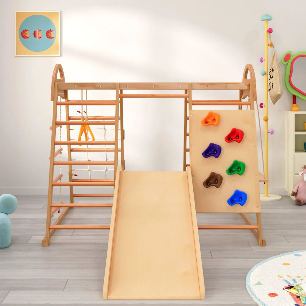 7-in-1 Multifunktionales Klettergerüst aus Holz mit Rutsche und Schaukel, Kletterleiter/Netz/Steinen, Indoor-Spielplatzspielzeug für Kinder ab 3 Jahren