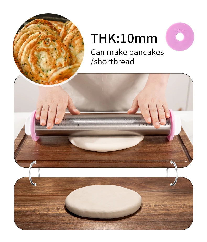 13,78 Zoll verstellbarer Nudelholz aus Edelstahl mit 4 abnehmbaren Ringen, Teigroller für Pizza-Keks-Backwerkzeuge