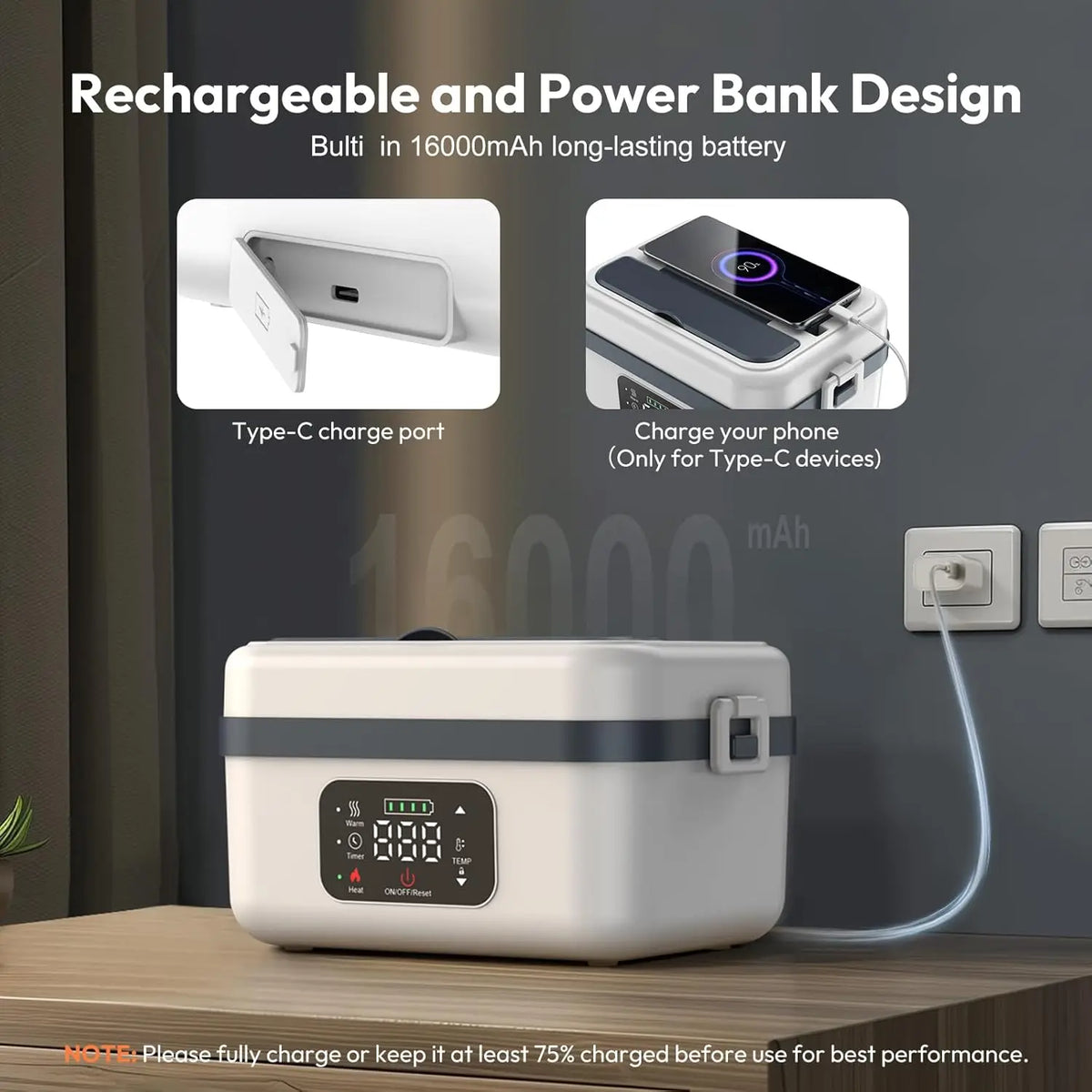 Betuyoo Kabellose Selbsterhitzende Lunchbox – 16.000mAh, 1L, Edelstahl, Powerbank-Funktion | Schwarz & Elfenbein