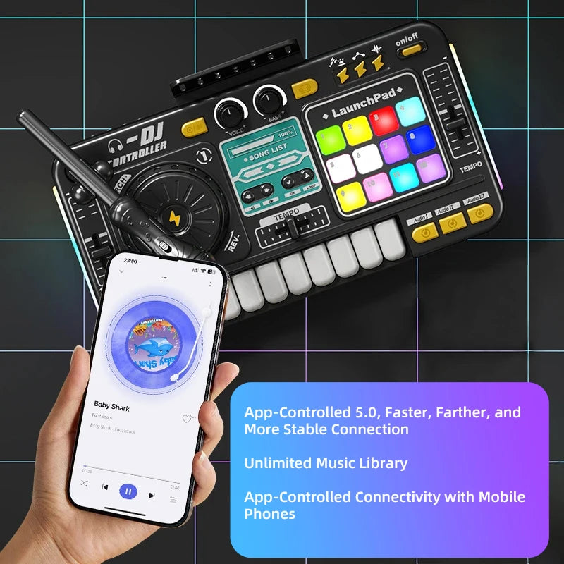 CONUSEA Kinder DJ-Mixer – Mikrofon, App-Steuerung, Klaviertastatur, 3–12 Jahre