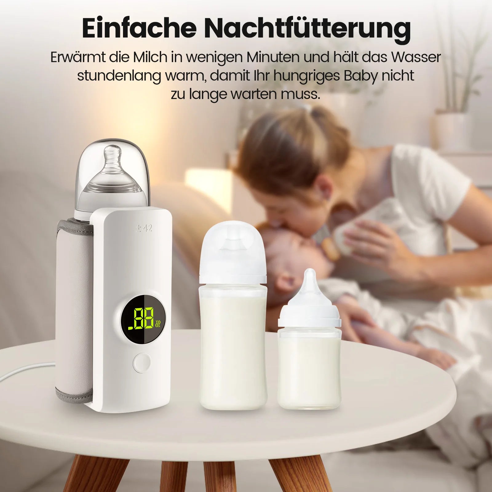 Rbefeuly Tragbarer Flaschenwärmer 6000mAh – USB, 48h Warmhalten, Temperaturkontrolle, Weiß