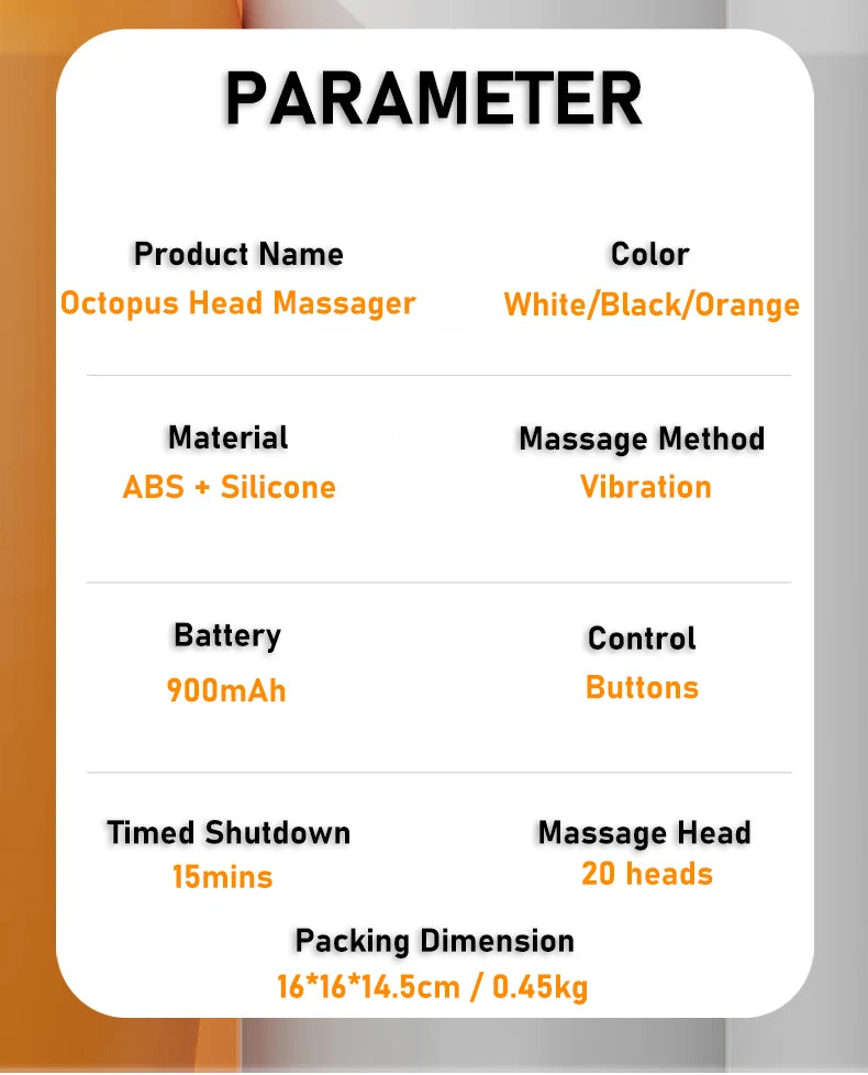 20 Massageköpfe Orange Kopfhaut Kopfmassagegerät Rotlicht Vibrator Octopus Scratcher zur Entspannung Stress Migräne