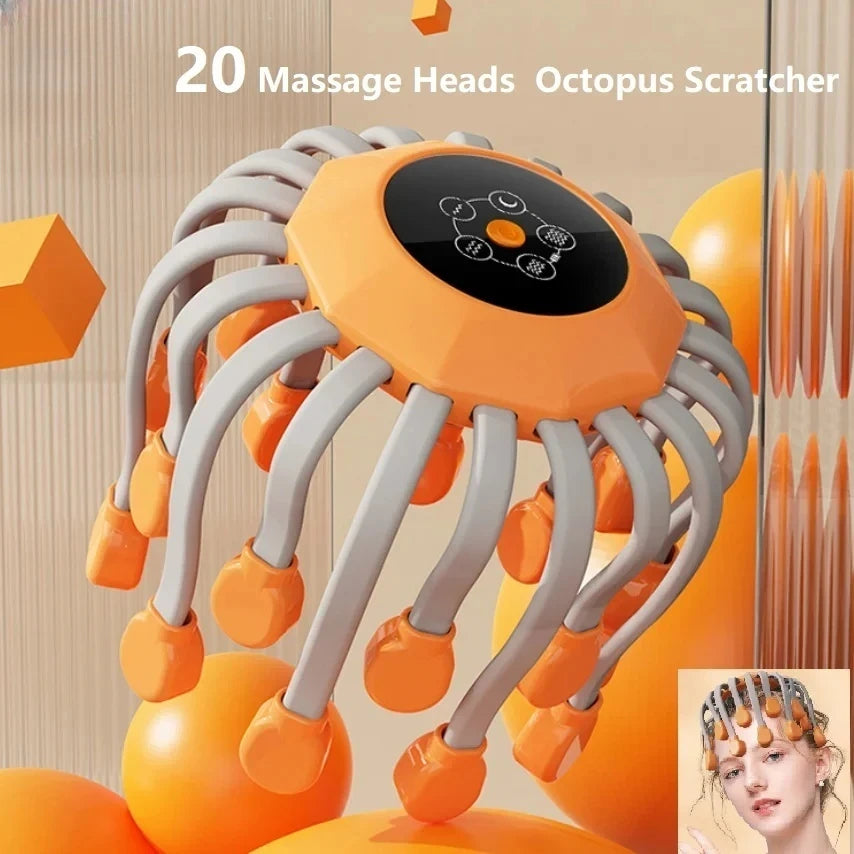 20 Massageköpfe Orange Kopfhaut Kopfmassagegerät Rotlicht Vibrator Octopus Scratcher zur Entspannung Stress Migräne